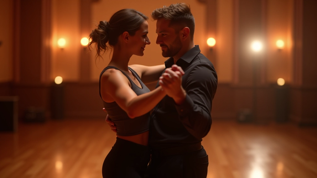 Pár v bachate pozici na tanečním podiu, muž a žena se drží, čelní pohled, studio s lesklou podlahou