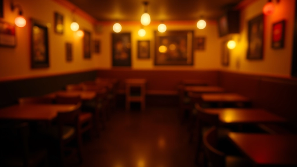 Malý útulný klub v Praze se žlutým osvětlením, dřevěné stoly a bar na pozadí, náladový prostor
