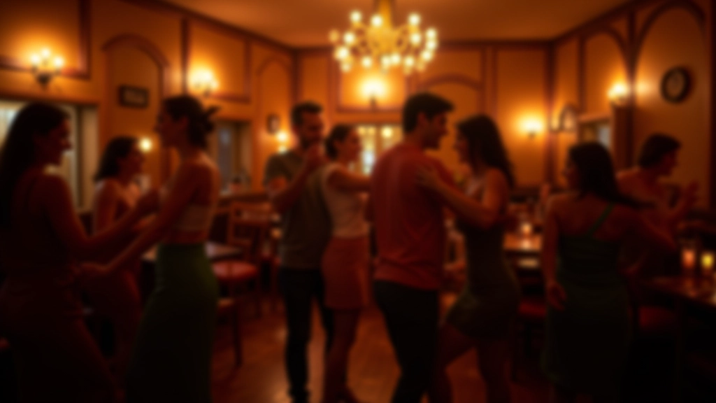 Skupiny tanečníků v tradiční restauraci s živou hudbou a tanečním prostorem