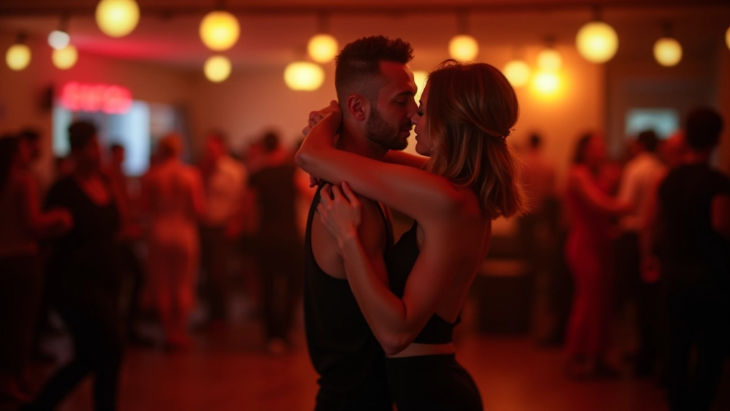 Taneční páry na salsa večeru v Praze, ženy a muži tančí bachatu v moderním klubu se slabým modrým osvětlením